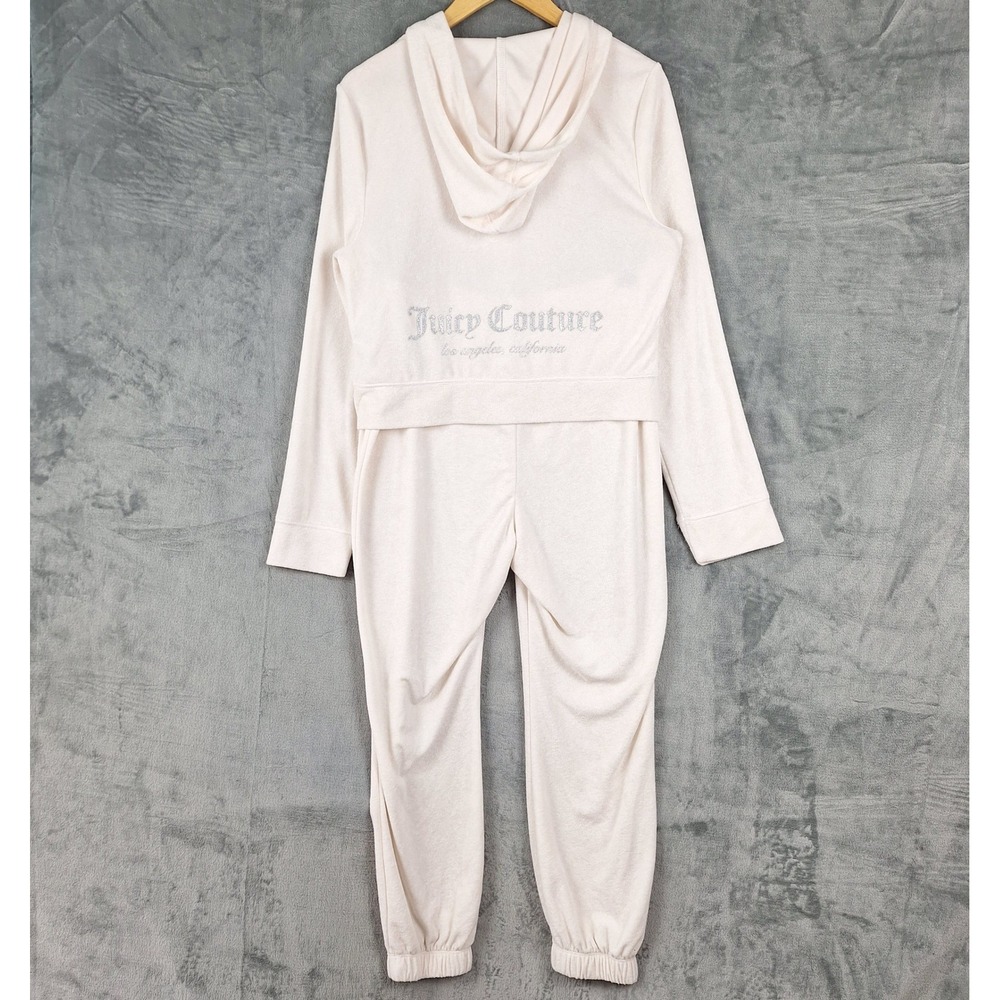 Juicy Couture Track Suit Womens XL White Y2K Terry Zip Hoodie Jogger Set McBling